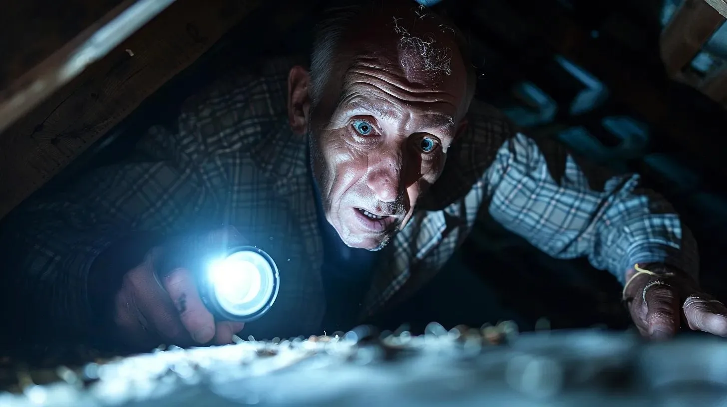 Hidden Fees in Pest Control: What Homeowners Should Know 1 a close-up view of a professional pest control technician examining a dark attic space, illuminated by a bright flashlight, revealing signs of termites and silverfish, with an expression of concentration that highlights the unexpected complexities of pest inspection fees.