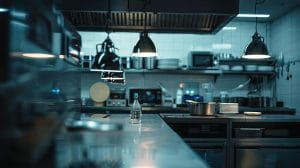 a sleek, modern kitchen is illuminated by bright overhead lights, showcasing tidy countertops and sealed storage containers, symbolizing the essential steps to maintain a pest-free environment after professional roach extermination.