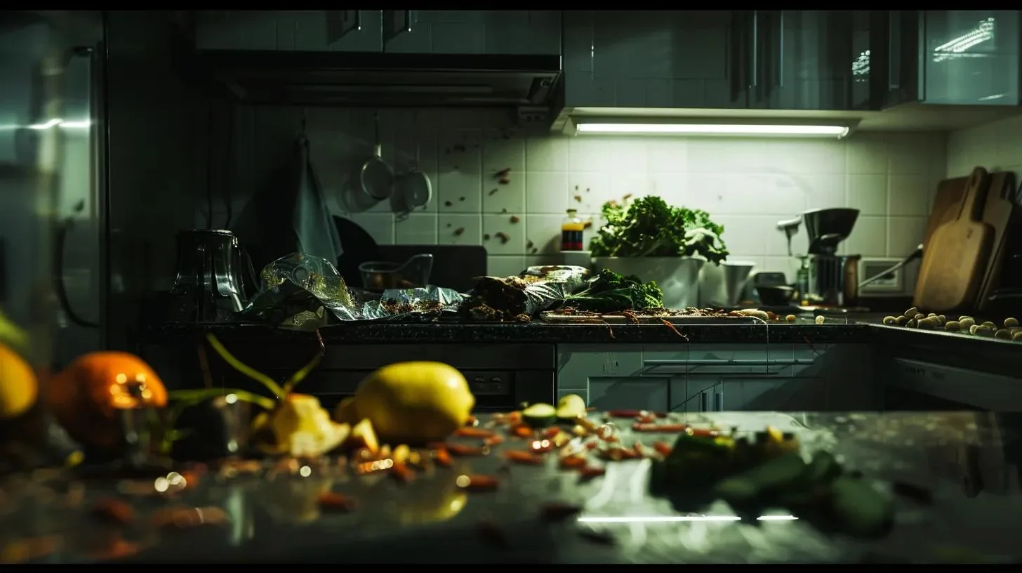 a starkly lit urban kitchen counter reveals distinct signs of a cockroach infestation, showcasing scattered droppings, shed skins, and damaged food packaging against a backdrop of clean, modern appliances.