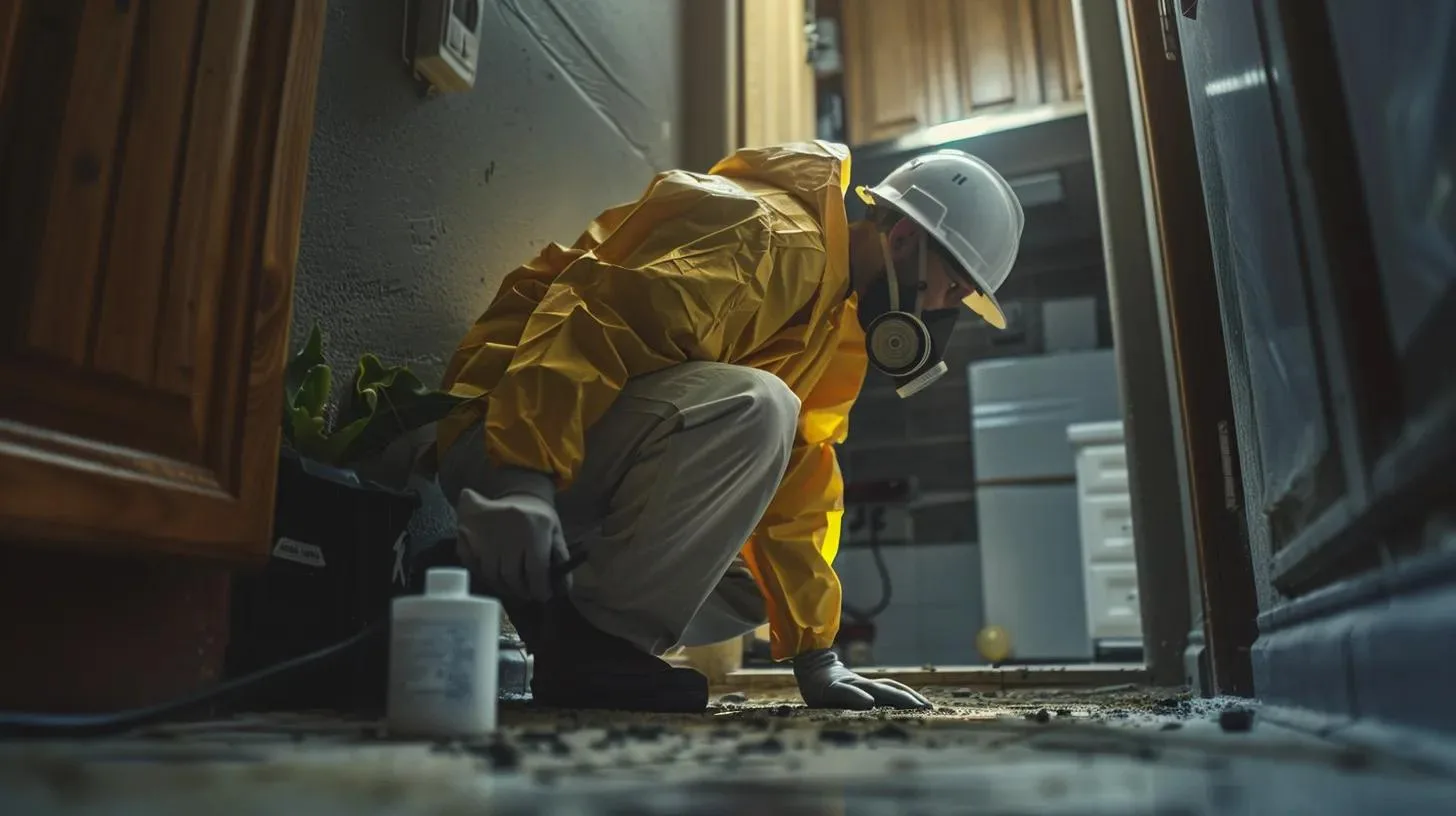 a professional pest control technician examines a home’s foundation in a well-lit, modern residential setting, showcasing the interplay of expertise and technology in effective pest management.