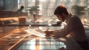 a sharply lit, modern office environment shows a professional seated at a sleek desk, closely examining a transparent document with highlighted text about hidden fees in pest control services, emphasizing the importance of transparency in service contracts.