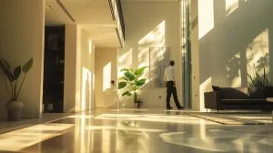 a sleek, modern home interior is showcased with a professional pest control technician confidently using advanced equipment to inspect structural corners, emphasizing the effectiveness of top pest control solutions for residential needs.