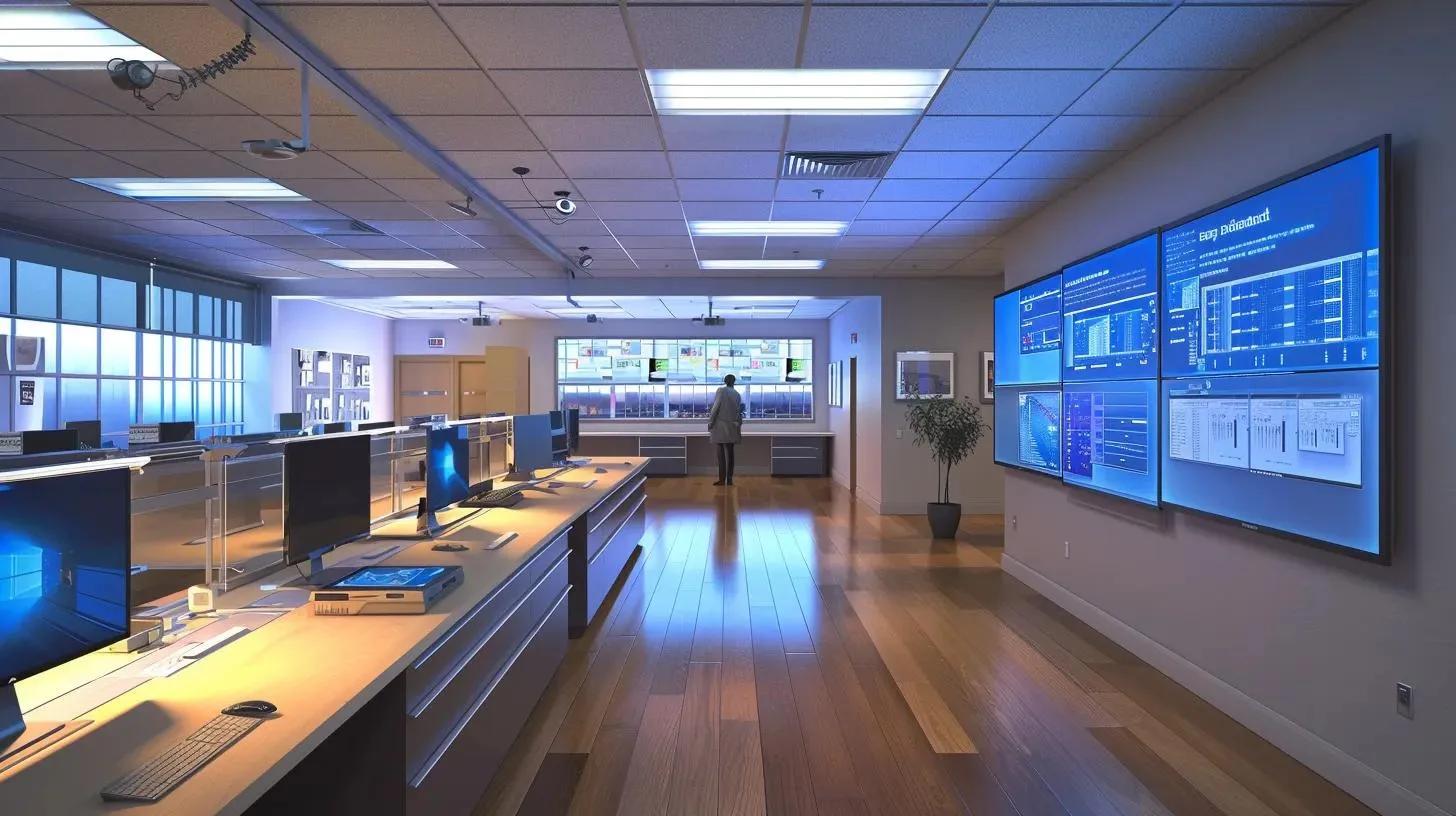 a sleek, modern office interior showcases a professional pest control technician analyzing a sophisticated pest monitoring system, with detailed reports displayed on a digital screen, emphasizing the advanced strategies used for residential pest management.