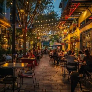 a vibrant urban café in coral gables bustling with residents and visitors enjoying local cuisine, featuring colorful outdoor seating and stylish decor illuminated by warm, inviting lighting.