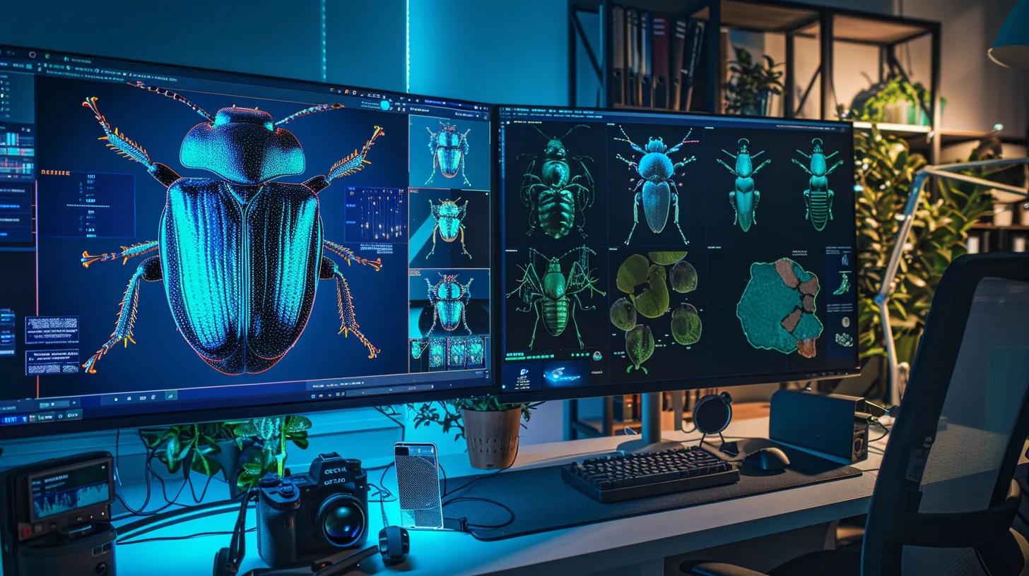a high-tech office setup showcases two large monitors displaying interactive side-by-side comparisons of vibrant beetle species, complete with detailed annotations highlighting unique body shapes, colors, and markings against a sleek, modern backdrop.