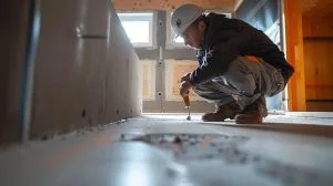 a professional inspector in safety gear examines a residential property's foundation in a contemporary, well-lit indoor workspace, highlighting the focus on thorough wdo inspection services.