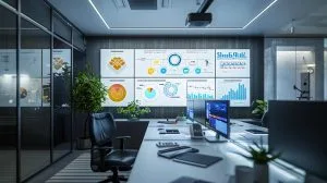 a sleek, modern office with a large digital display showcasing colorful, detailed graphics of various summer pests, surrounded by neatly organized pest control equipment and technology, conveying an informative yet dynamic atmosphere.