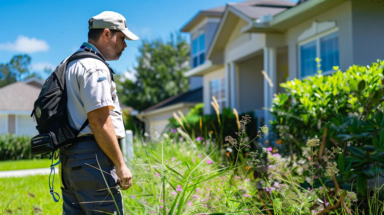 a professional pest control technician conducts a thorough inspection of a suburban backyard, examining areas prone to mosquito breeding such as stagnant water and overgrown vegetation, set against a clear blue sky and a modern home in the background.