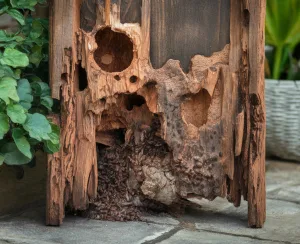 Damaged wood with insect infestation