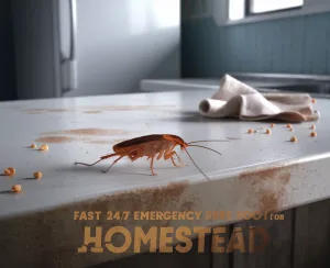 Cockroach on a messy countertop