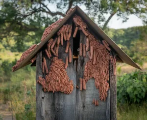 Wooden structure with clay-like texture.