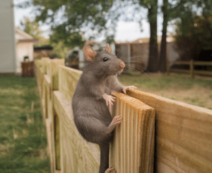 Mouse climbing wooden fence outdoors.