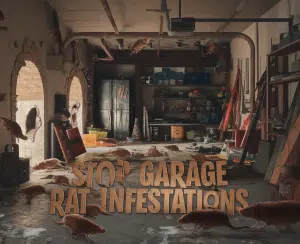 Cluttered garage with rat warning sign
